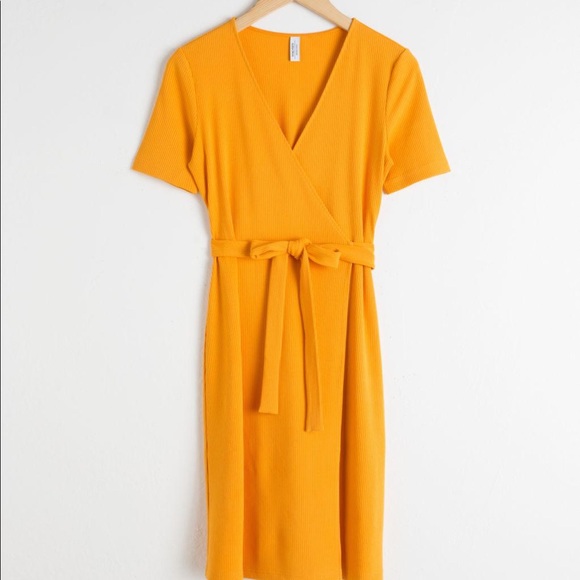 & Other Stories Ribbed Yellow Mini Wrap Dress - Picture 2 of 7